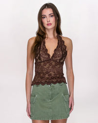 LACE SCALLOP HALTER TOP, CHOCOLATE
