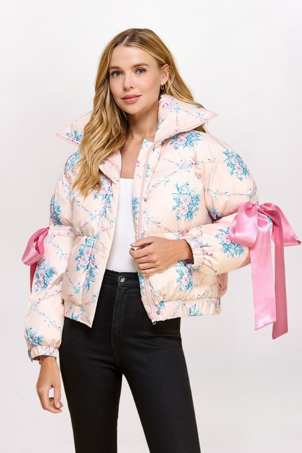 FLORAL RIBBON PUFFER COAT