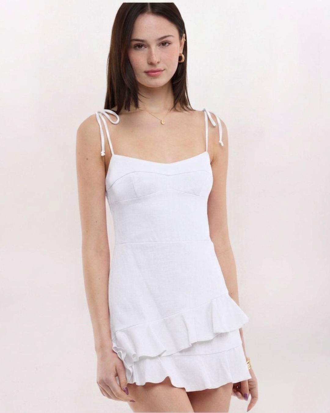 TIE STRAP FLUTTER HEM DRESS, WHITE
