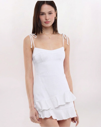 TIE STRAP FLUTTER HEM DRESS, WHITE