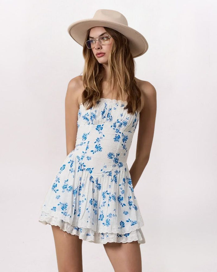 STRAPLESS FLORAL V-SEAM DRESS