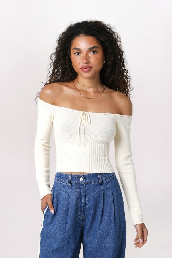 OFF SHOULDER SWEATER WITH TIES - CREAM