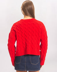 CHENILLE BRAIDED CABLE SWEATER, RED