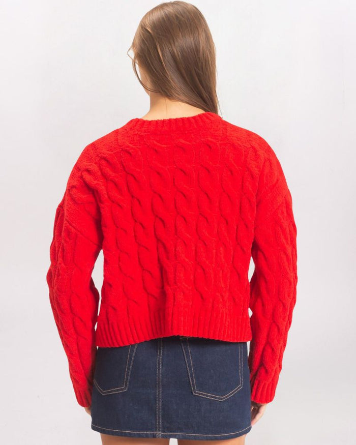CHENILLE BRAIDED CABLE SWEATER, RED