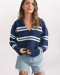 FUZZY STRIPE DETAIL JOHNNY COLLAR SWEATER, NAVY/IVORY