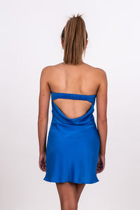 SATIN BAND DRAPE BACK DRESS, MARINE BLUE