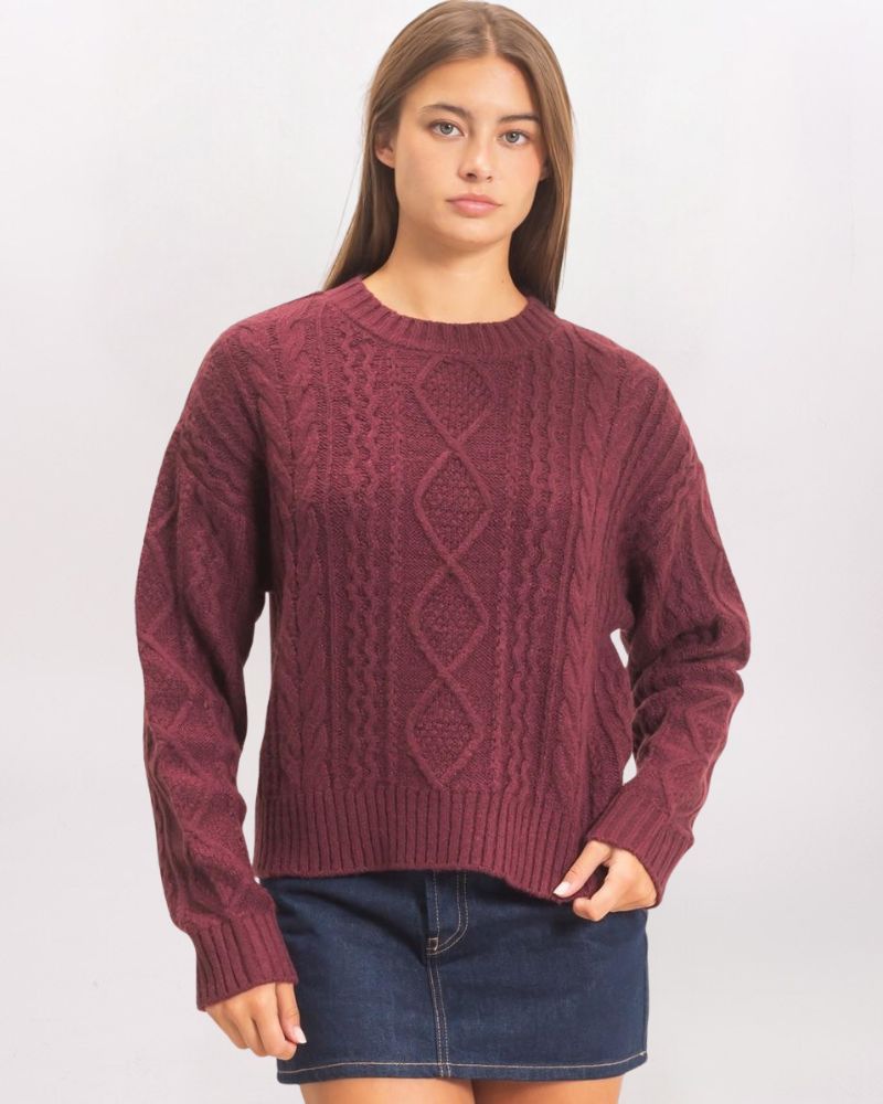 ARAN CABLE SWEATER, DK CHERRY