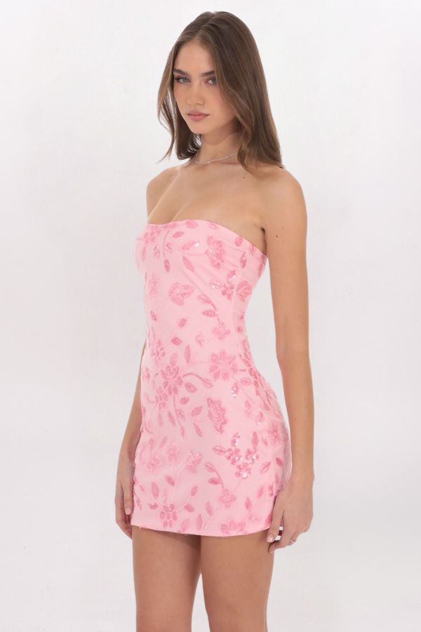 STRAPLESS SEQUIN FLORAL DRESS