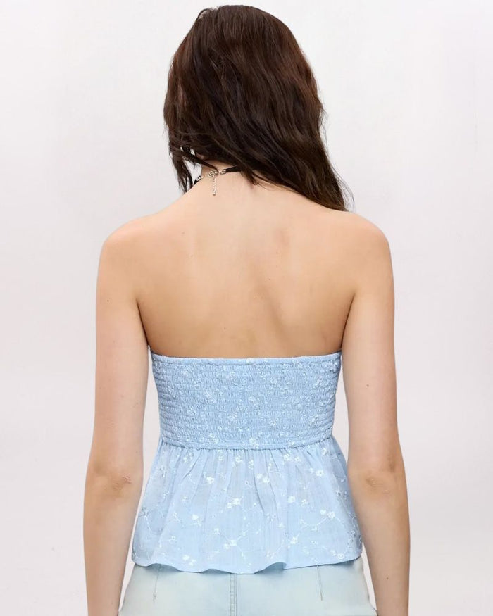 STRAPLESS EMBROIDERED FLY AWAY TOP, BLUE