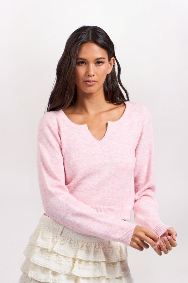 MARLED NOTCH NECK SWEATER, LIGHT PINK