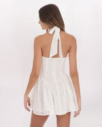 FLORAL EYELET HALTER DRESS