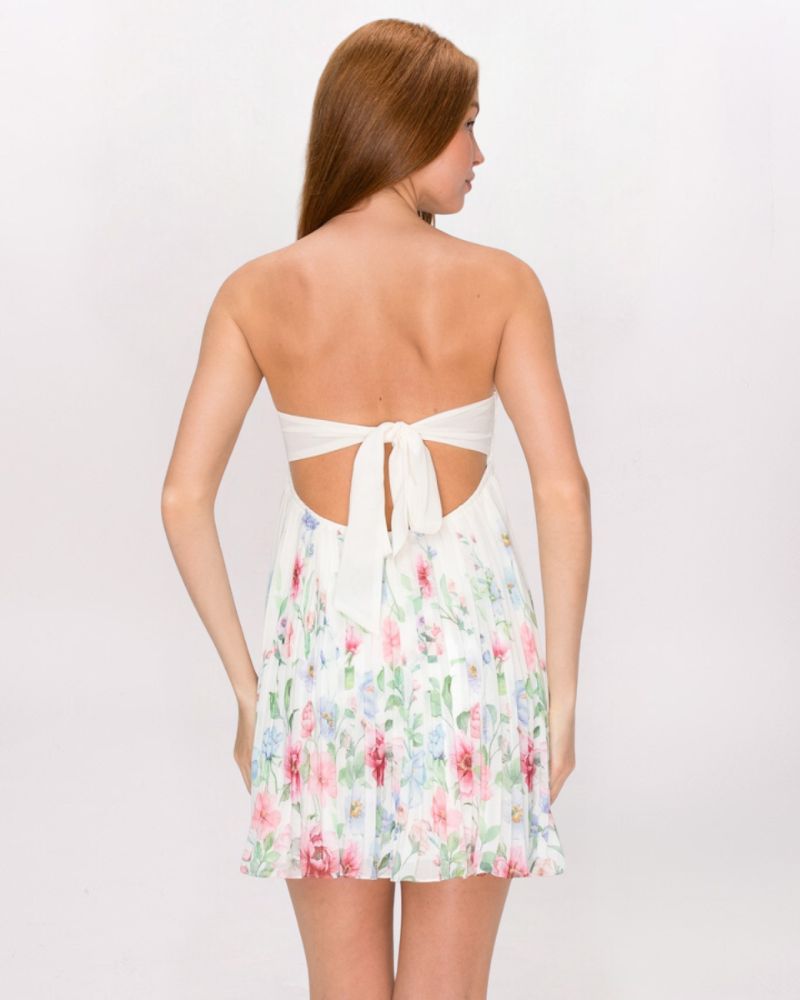 FLORAL BORDER PLEAT DRESS, IVORY