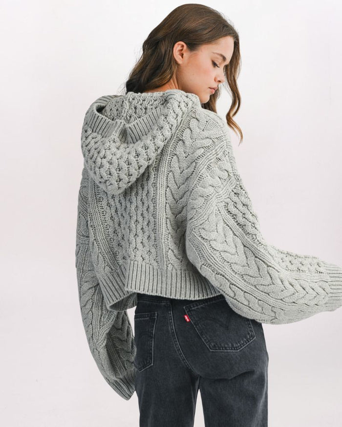 CABLE HOODED SWEATER, GREY