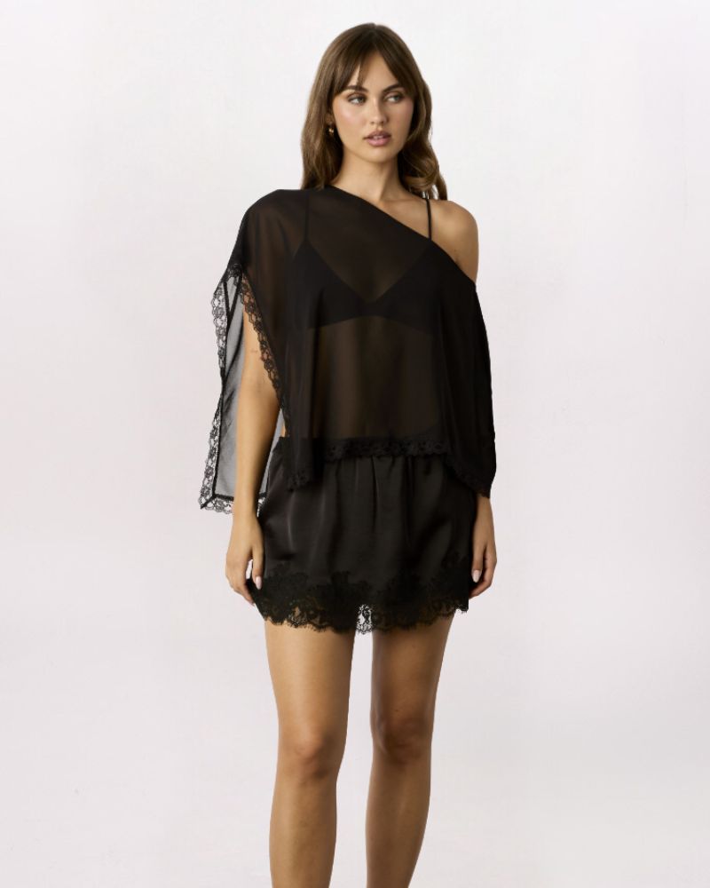 LACE HEM PULL ON SATIN SKIRT, BLACK