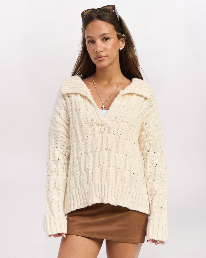 TEXTURED JOHNNY COLLAR SWEATER, OATMEAL
