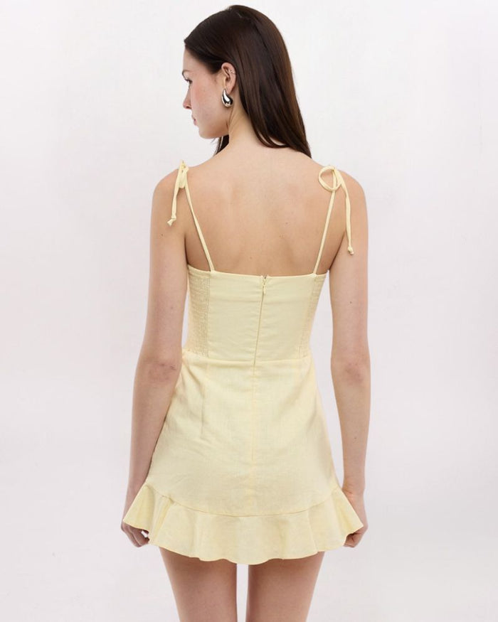 TIE STRAP FLUTTER HEM DRESS, LEMON