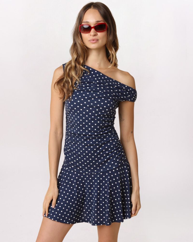 OFF SHOULDER POLKA DOT DRESS, NAVY/IVRY
