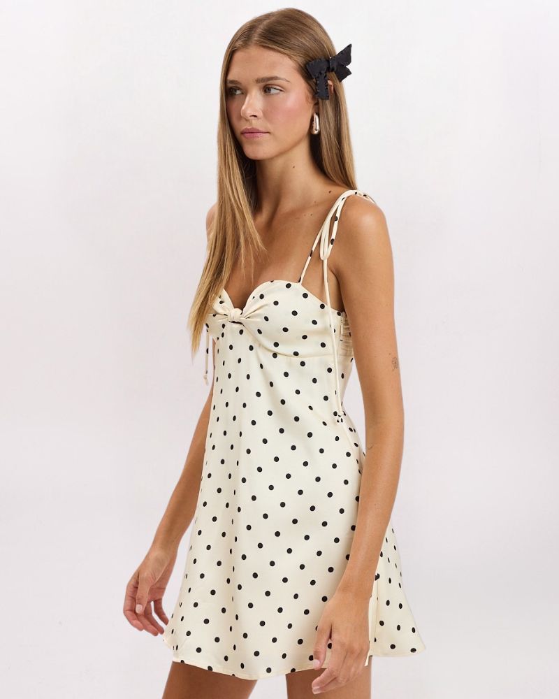 POLKA DOT SWEATHEART NECK DRESS, WHITE