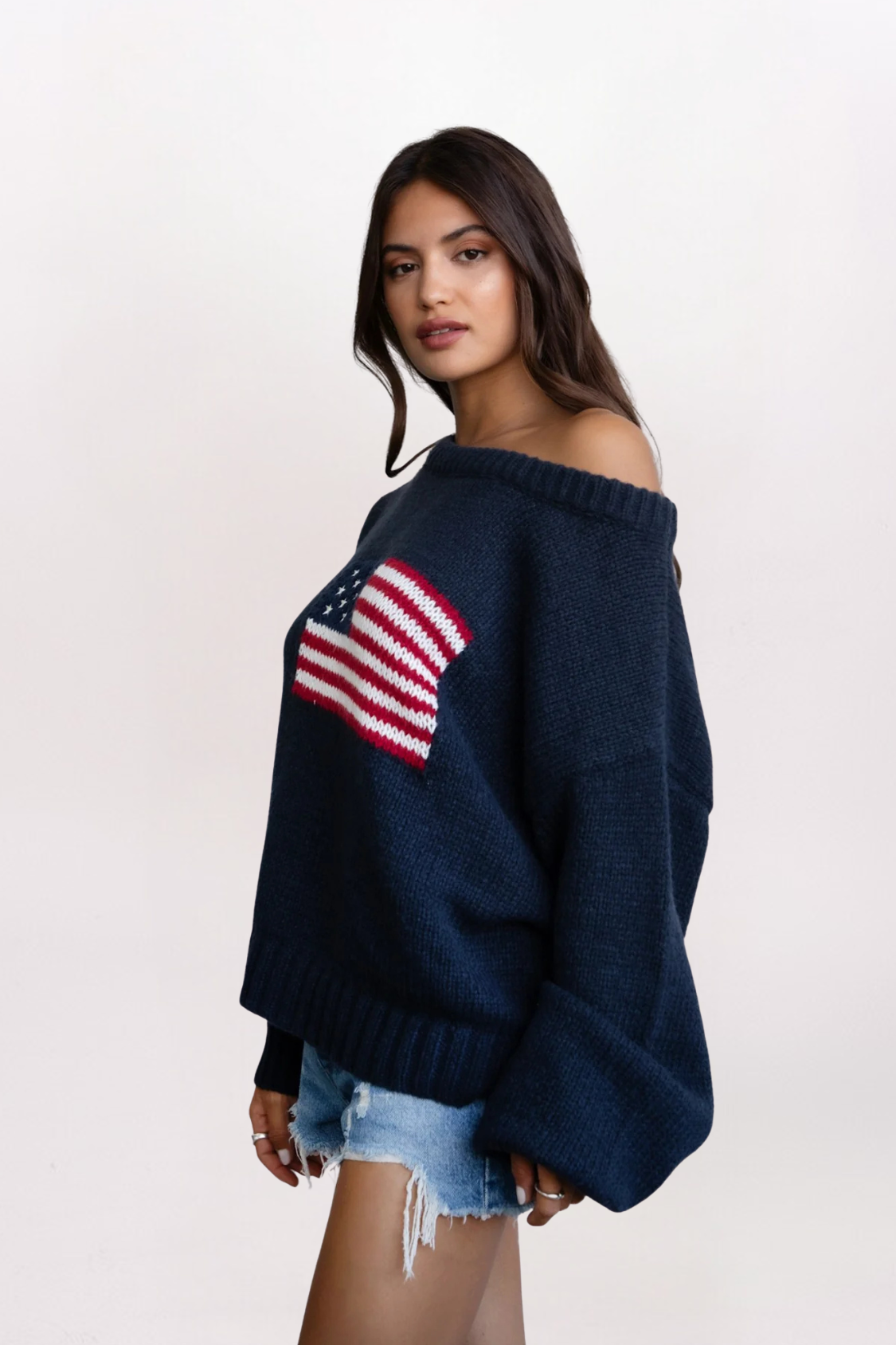 OFF SHOULDER AMERICAN FLAG SWEATER