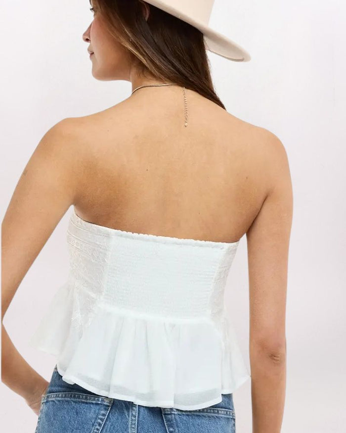 STRAPLESS LACE DETAIL FLUTTER TOP, WHITE