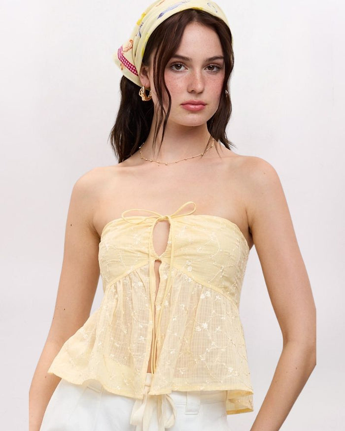 STRAPLESS EMBROIDERED FLY AWAY TOP, VANILLA