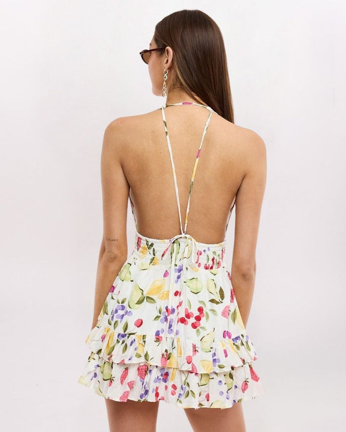 PLUNGE HALTER FRUIT DRESS, FRUIT COCKTAIL