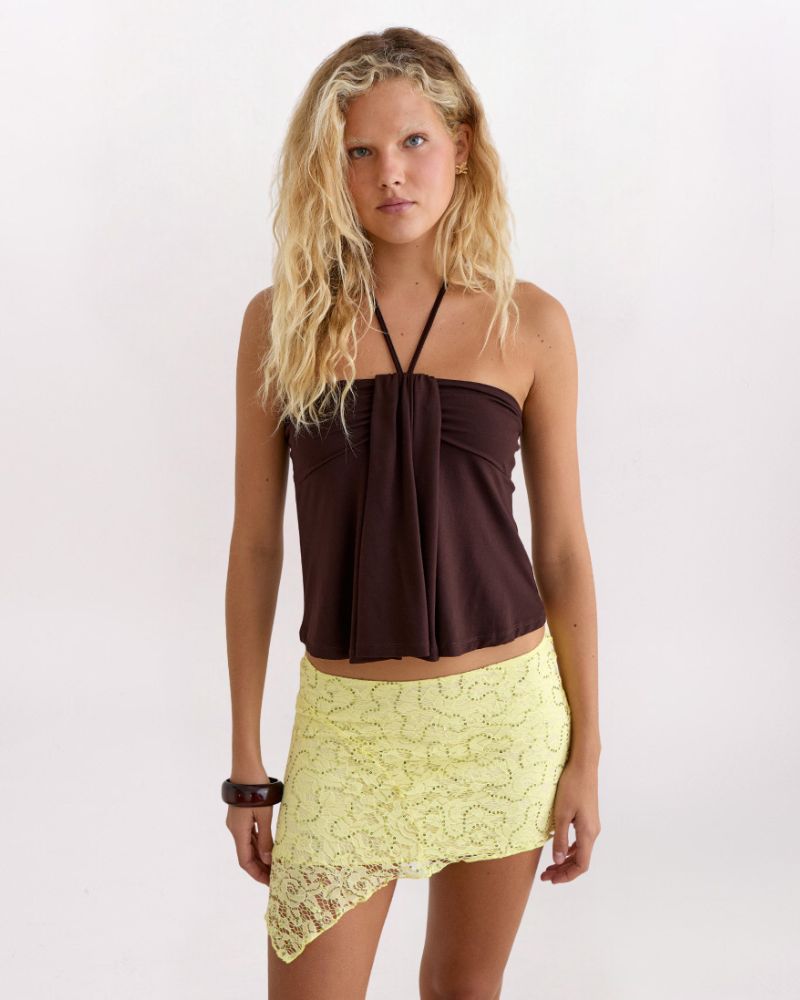 GATHERED HALTER TOP, CHOCOLATE