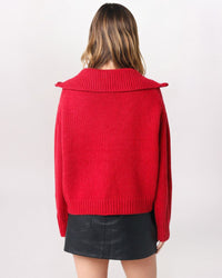 HALF ZIP CABLE COLLARED SWEATER, RED