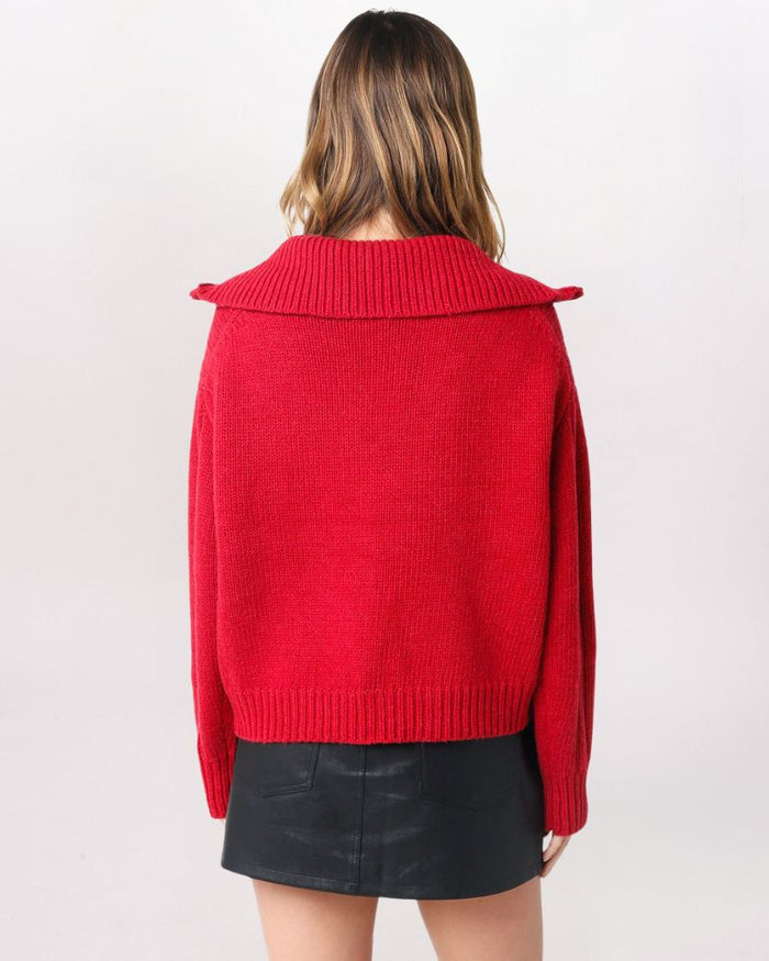 HALF ZIP CABLE COLLARED SWEATER, RED