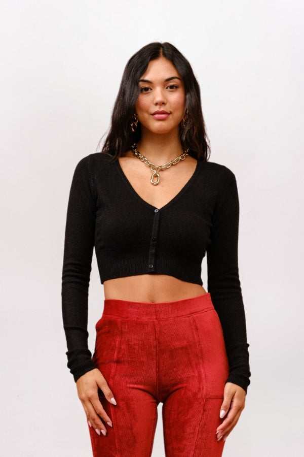 CROPPED CASHMERE BLEND CARDIGAN, BLACK