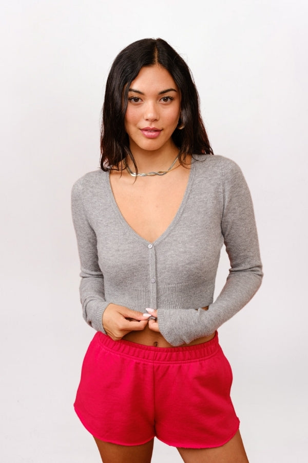 CROPPED CASHMERE BLEND CARDIGAN, HEATHER GREY