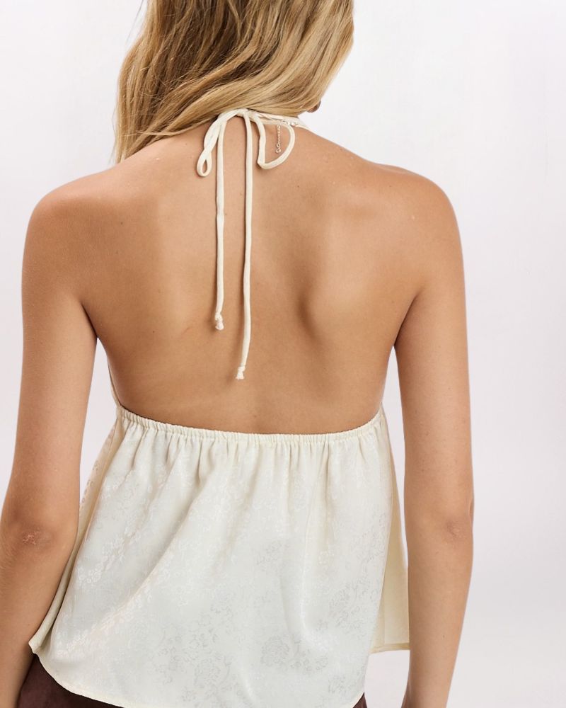 JAQUARD FLORAL HALTER TOP, CREAM