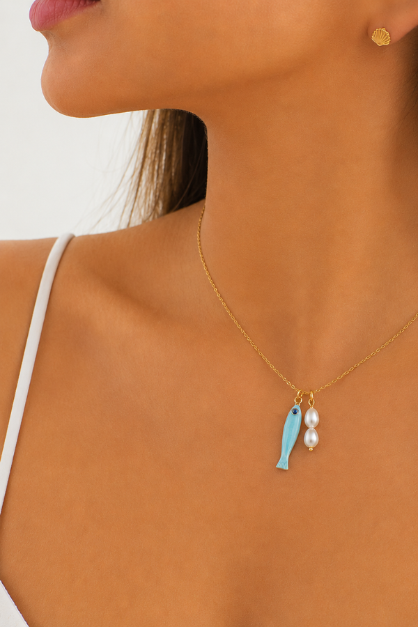 CERAMIC FISH & PEARL NECKLACE