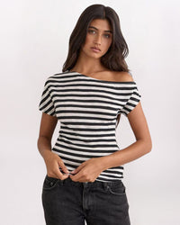 OFF SHOULDER STRIPED TOP, BLK/WHT