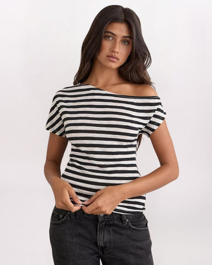 OFF SHOULDER STRIPED TOP, BLK/WHT