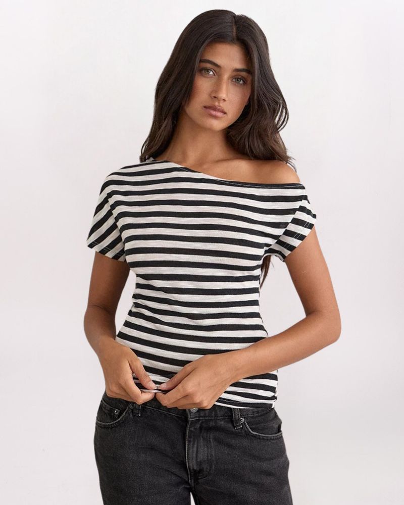 OFF SHOULDER STRIPED TOP, BLK/WHT