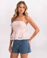 EYELET TIE BACK PEPLUM TOP, BABY PINK