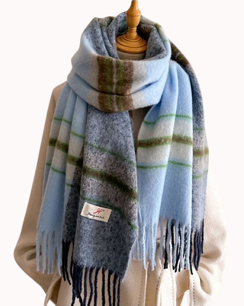 82X20 PLAID TASSEL SCARF - BLUE