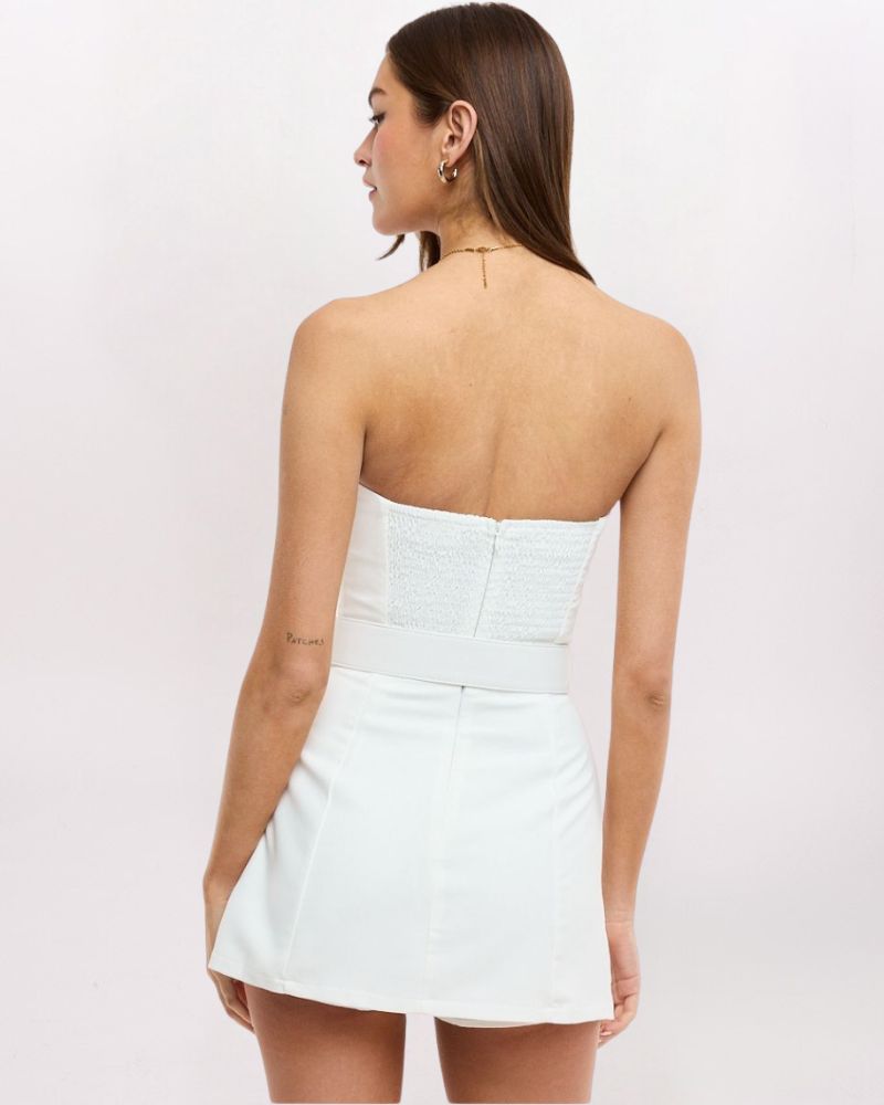 STRAPLESS BELTED MINI DRESS, WHITE