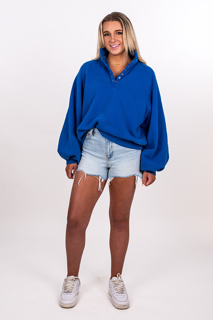 BALLOON SLEEVE HENLEY SNAP SWEATSHIRT, COBALT BLUE