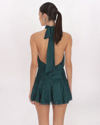 SHIMMER MOCK NECK HALTER DRESS - GREEN