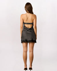 STRAPLESS LACE TRIM POLKA DOT DRESS, BLACK