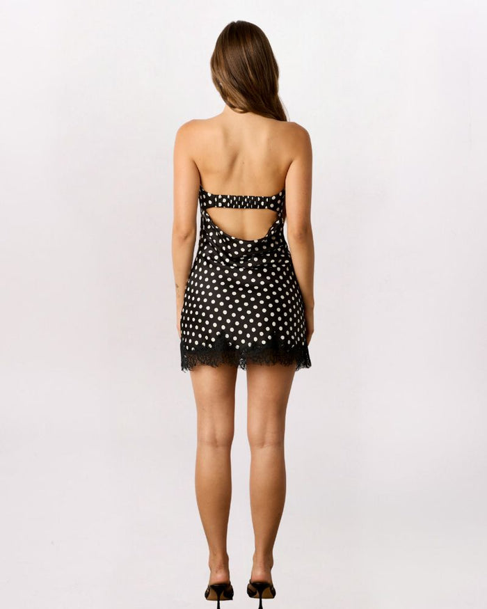 STRAPLESS LACE TRIM POLKA DOT DRESS, BLACK