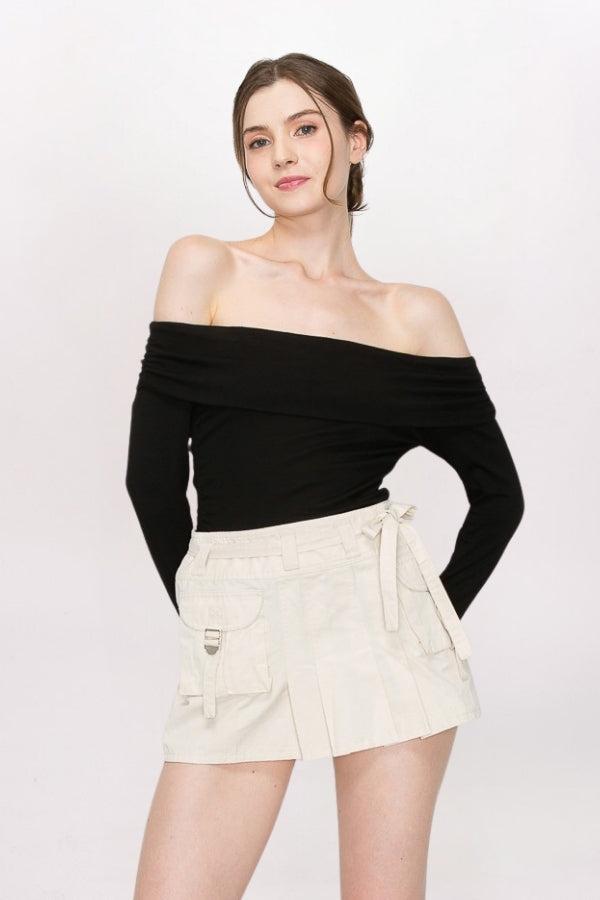 PLEATED TWILL CARGO SKIRT - STONE