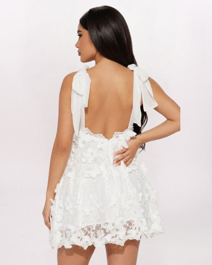 SL 3D BUTTERFLY APLQ TIE SHLDR DRESS, WHITE