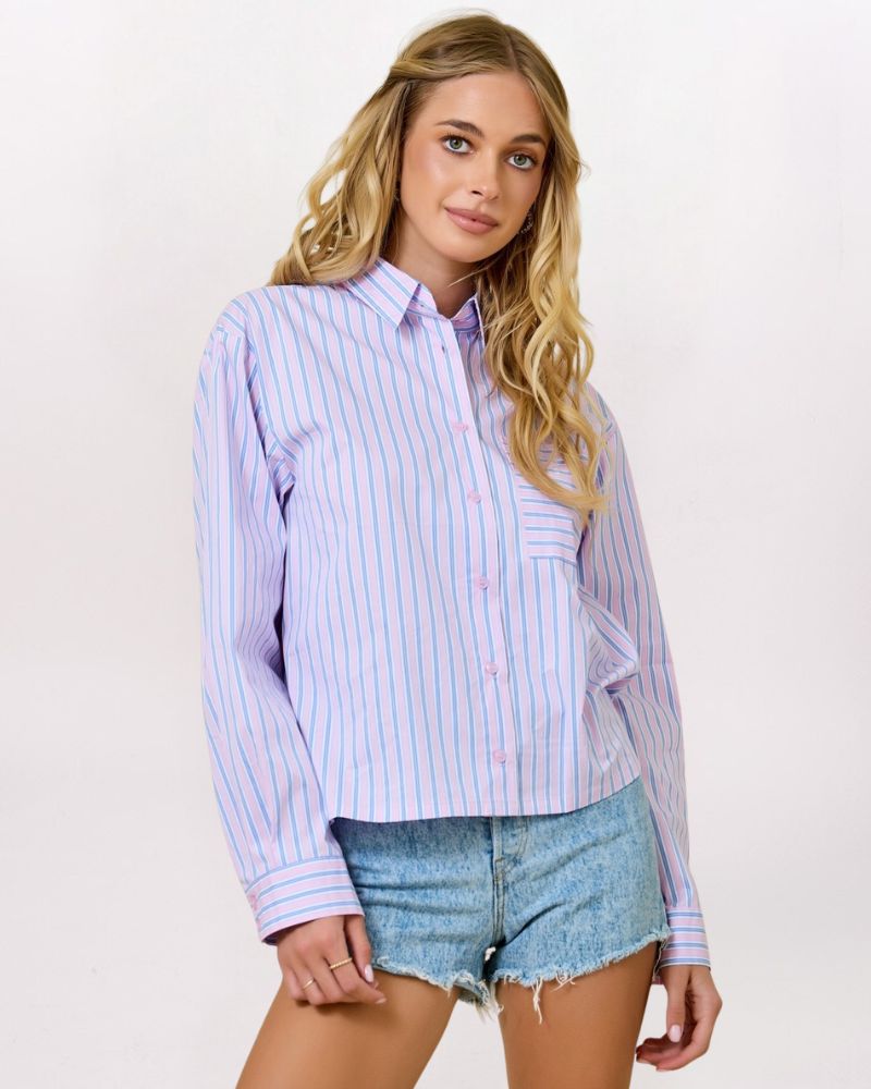 BOXY CROP VERTICLE STRIPES BUTTON DOWN, PINK/BLUE