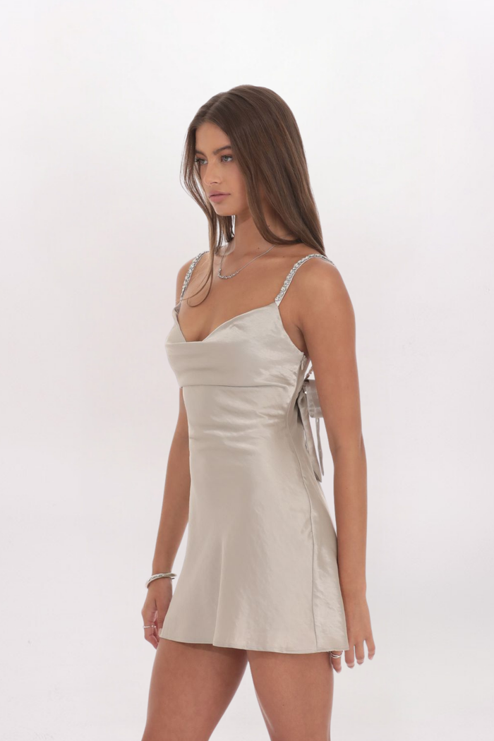 RHINESTONE STRAP SATIN DRESS