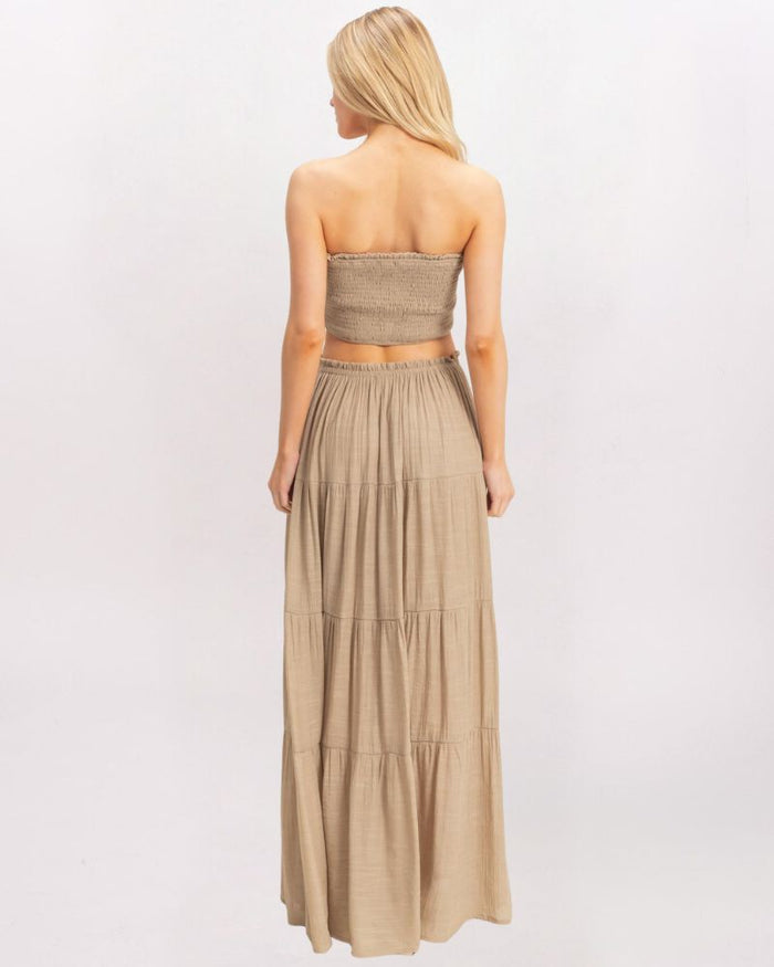 SMOCKED TUBE & MAXI SKIRT SET, TAUPE