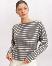 BANDED WAIST SLOUCHY STRIPE TOP, GRAY