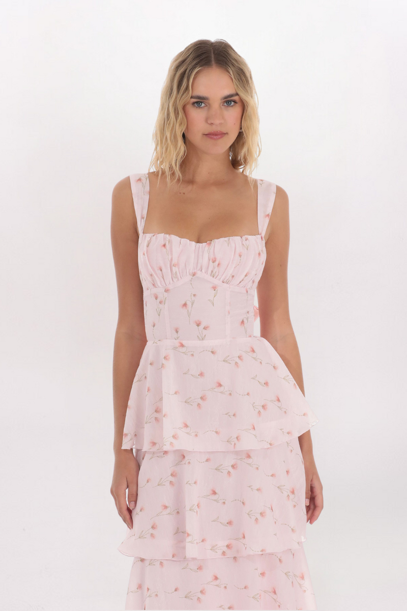 SOFT FLORAL TIERED MAXI DRESS